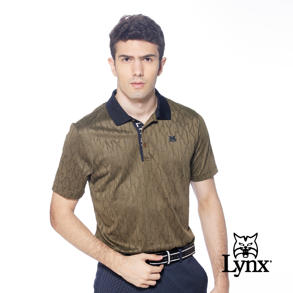 【Lynx Golf】korea男款羅紋領造型門襟緹花Lynx字樣短袖POLO衫/高爾夫球衫-深卡其色