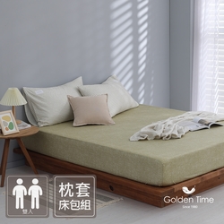 GOLDEN-TIME-200織紗精梳棉三件式枕套床包組(草綠紋-雙人)
