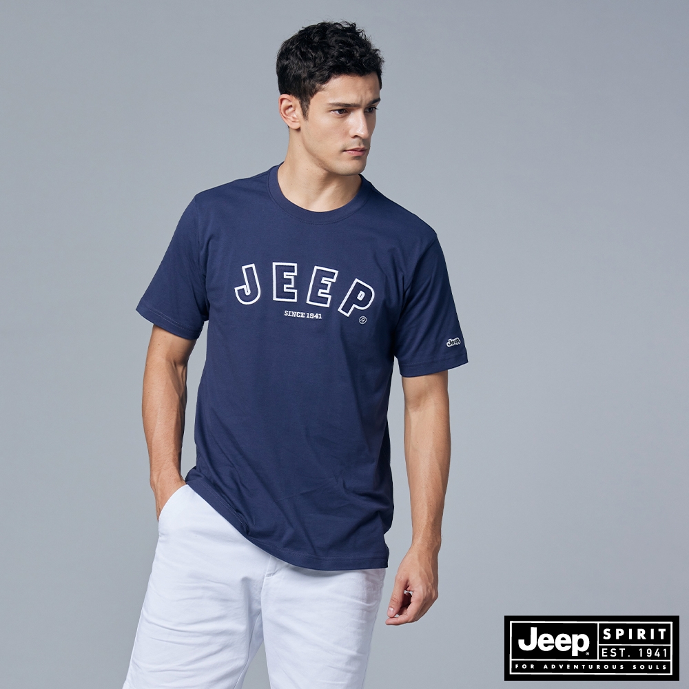 JEEP 男裝 品牌LOGO貼布繡短袖T恤-藍色