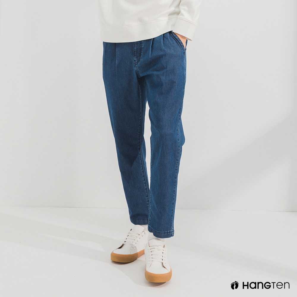 Hang Ten-男裝-TAPERED FIT錐形打褶九分丹寧褲-中藍色