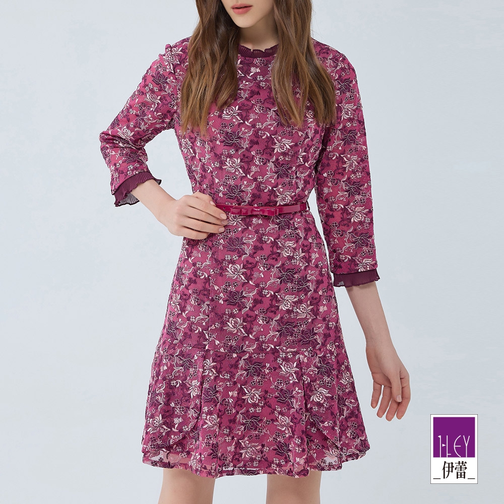ILEY伊蕾 貴氣刺繡立領荷葉洋裝(深紫色；M-XL)1233017108
