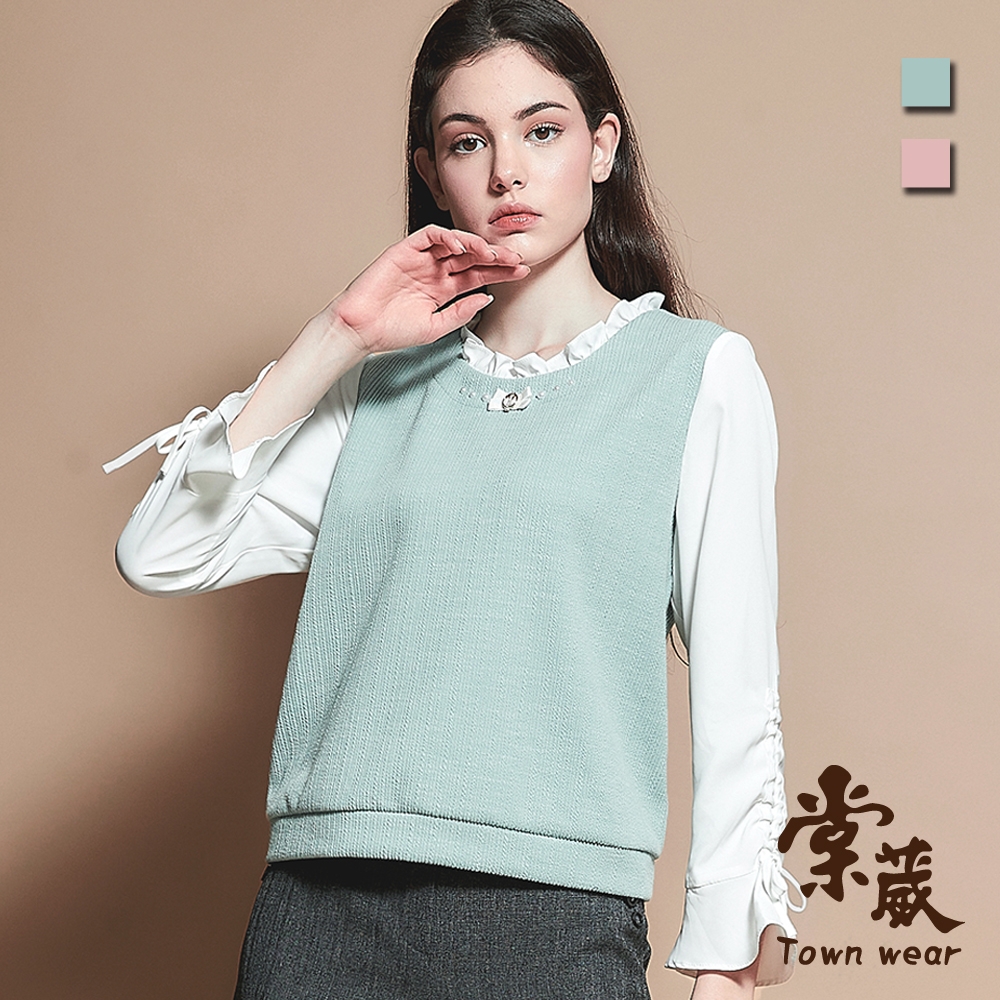 【TOWNWEAR棠葳】氣質抓皺抽繩袖上衣 2色(女上衣/荷葉/鑽飾/拼接)