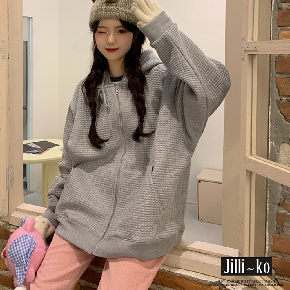 JILLI-KO 華夫格休閒拉鍊連帽外套- 灰色