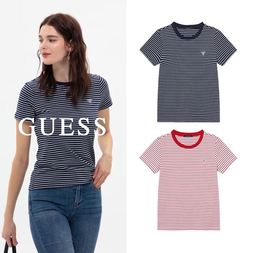 【GUESS】簡約百搭條紋LOGO短T-兩色可選