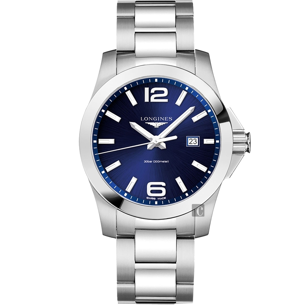 LONGINES 浪琴 官方授權 Conquest 300米石英腕錶-藍x銀/43mm L3.760.4.96.6