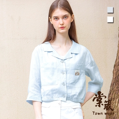 【TOWNWEAR棠葳】日系口袋短版亞麻襯衫 2色(女上衣/女上著/小外套/印字/翻領)