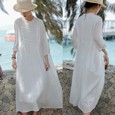 100支加撚天絲苧麻白色洋裝中長有襯-設計所在-獨家高端限量系列