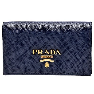 PRADA SAFFIANO METAL金屬浮雕LOGO防刮牛皮釦式信用卡/名片夾(墨藍)