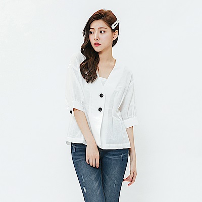 H:CONNECT 韓國品牌 女裝-V領排釦造型上衣-白