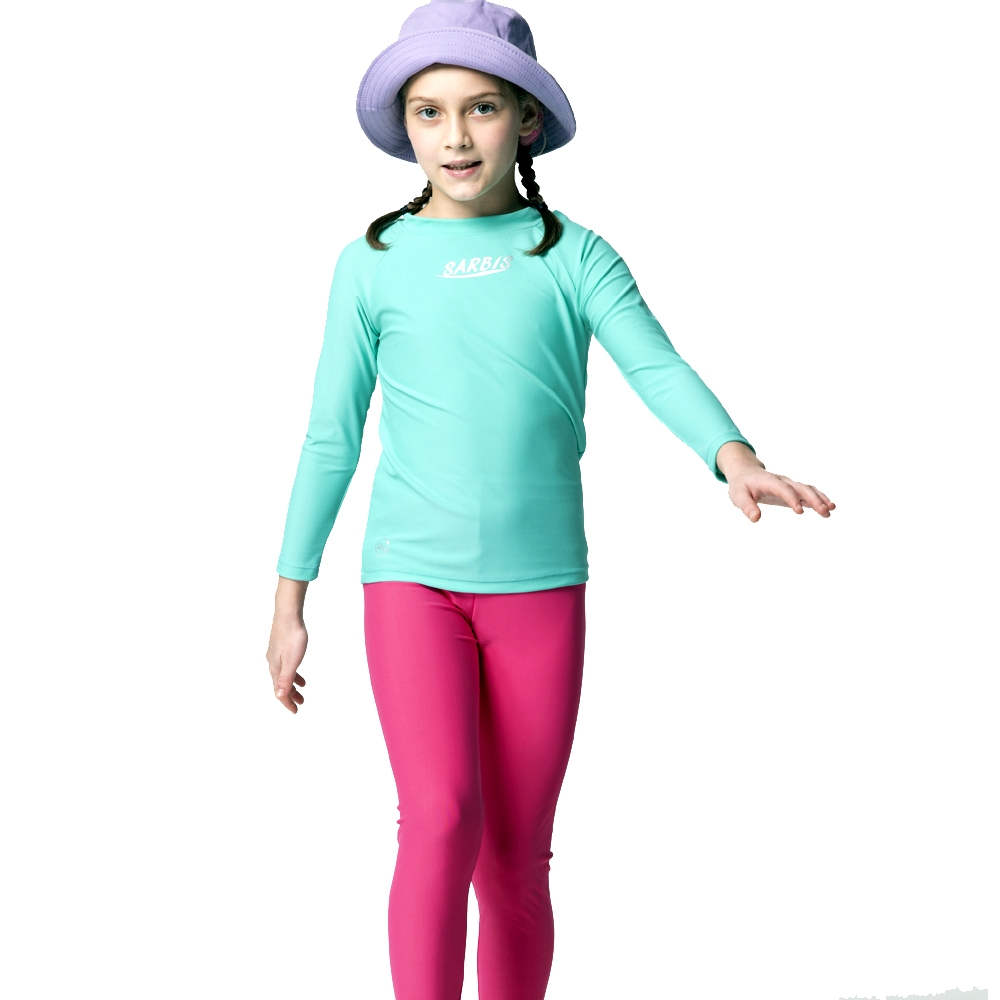 沙兒斯 泳裝 素面粉色防曬長袖長褲兩件式女童泳裝