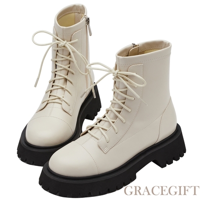 【Grace Gift】帥氣女孩綁帶短靴 米白