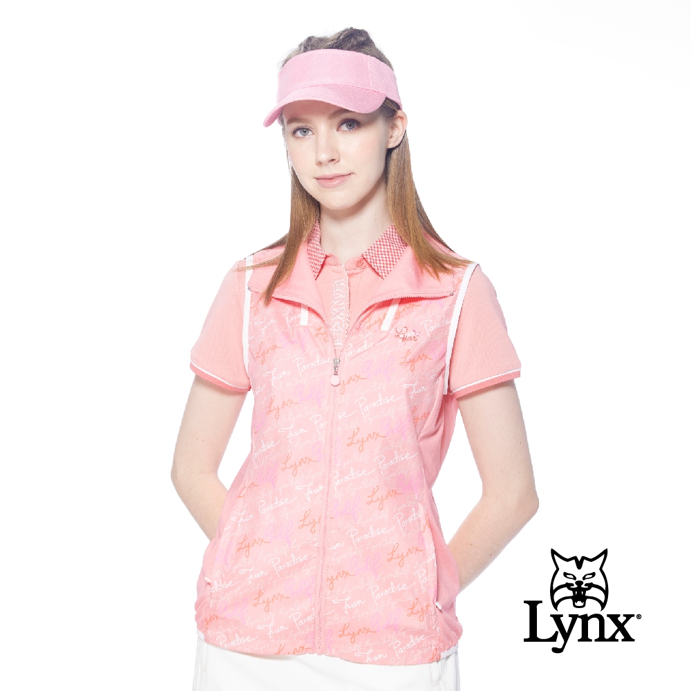 【Lynx Golf】女款滿版LYNX英文草寫字樣印花剪裁配布設計無袖背心-粉橘色