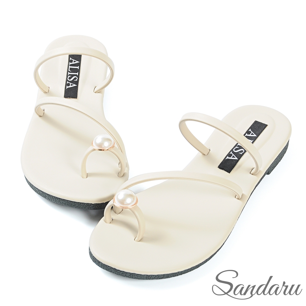 山打努SANDARU-拖鞋 簡約時髦珍珠套趾霧感平底涼鞋-米