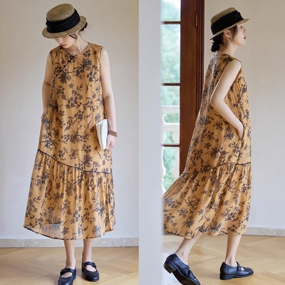 肌理緹花暈染復古斜襟洋裝背心長裙-設計所在-獨家高端限量系列