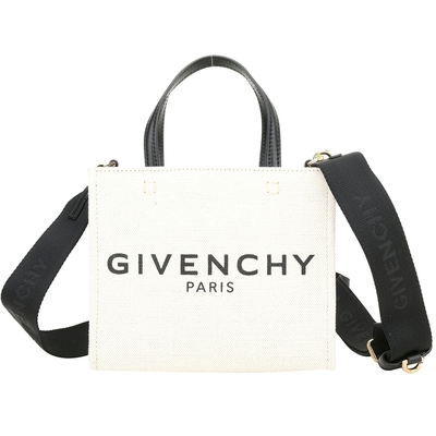 GIVENCHY 迷你款 字母印花棉麻帆布手提/斜背包(米色)