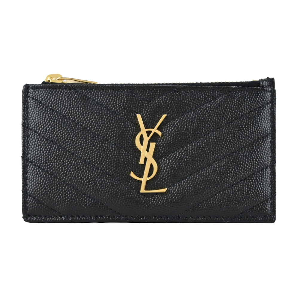 YSL 新款經典金屬LOGO菱格V紋牛皮拉鍊卡片/零錢夾(黑/金)