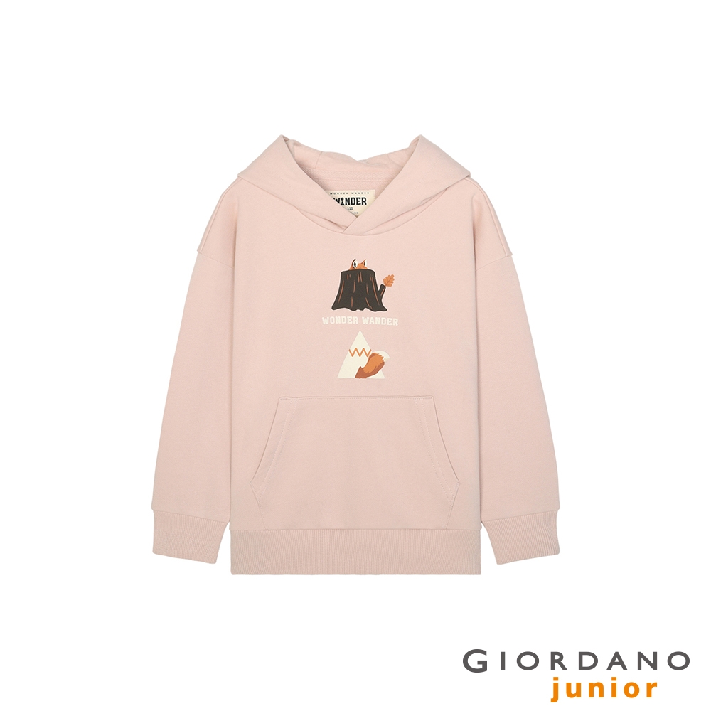 GIORDANO 童裝WANDER刺繡連帽T恤 - 71 煙灰粉紅