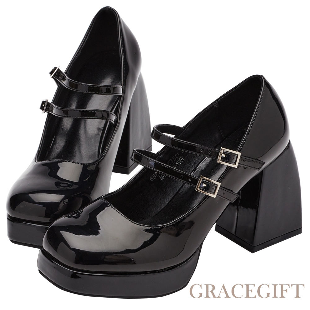 【Grace Gift】雙帶防水台高跟瑪莉珍鞋 黑漆