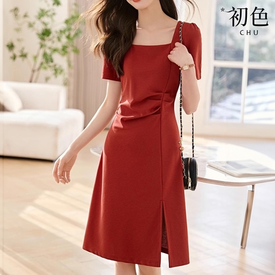 初色 純色方領短袖褶皺收腰開衩連身裙洋裝長洋裝-紅色-33446(M-2XL可選)