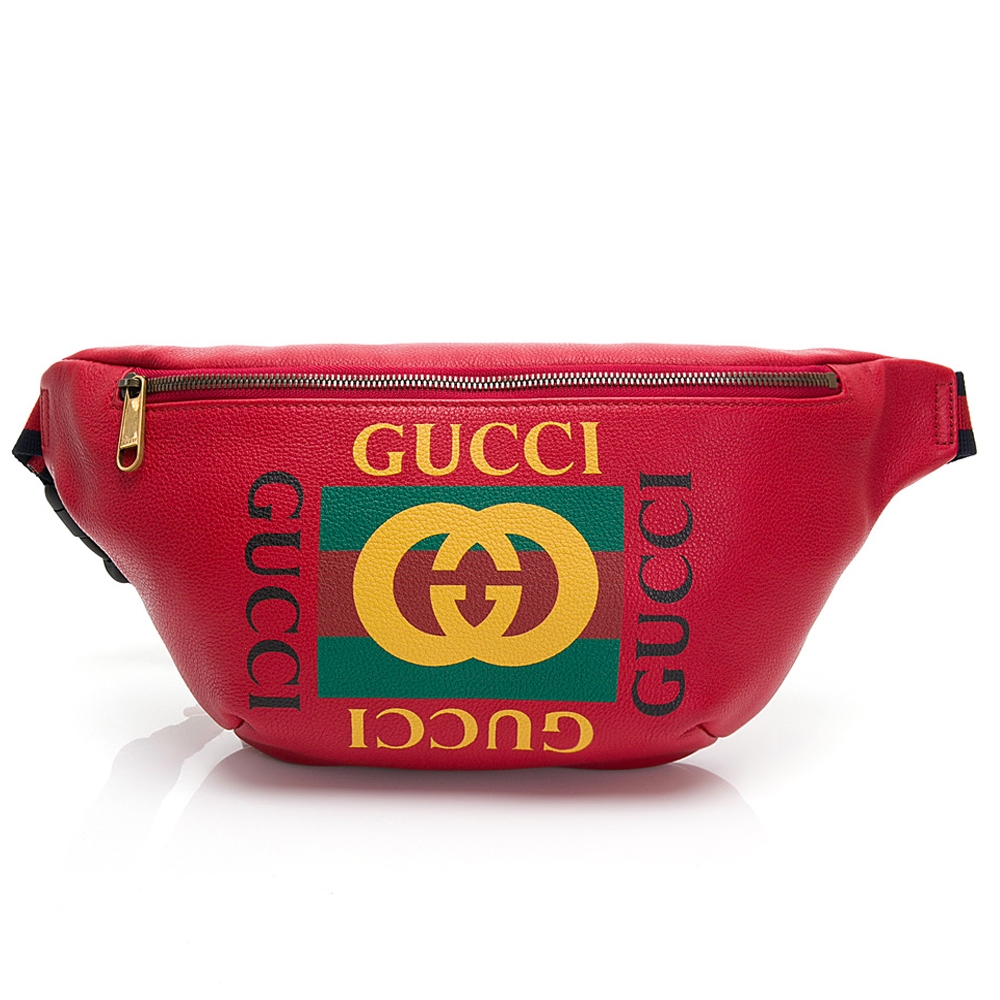 【GUCCI 古馳】經典GUCCI PRINT系列復古綠紅綠織帶牛皮腰包/斜背兩用包(紅色)