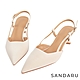 山打努SANDARU-跟鞋 尖頭緞面後空細中跟涼鞋-米白 product thumbnail 1