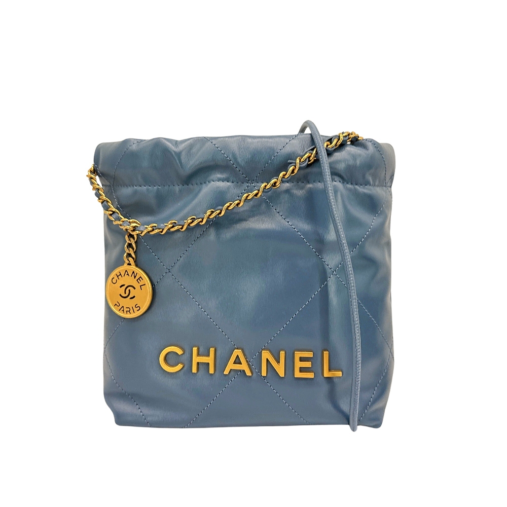 Chanel 22 mini 仿舊金Logo菱格紋縫線小牛皮斜背包(AS3980-霧霾藍 