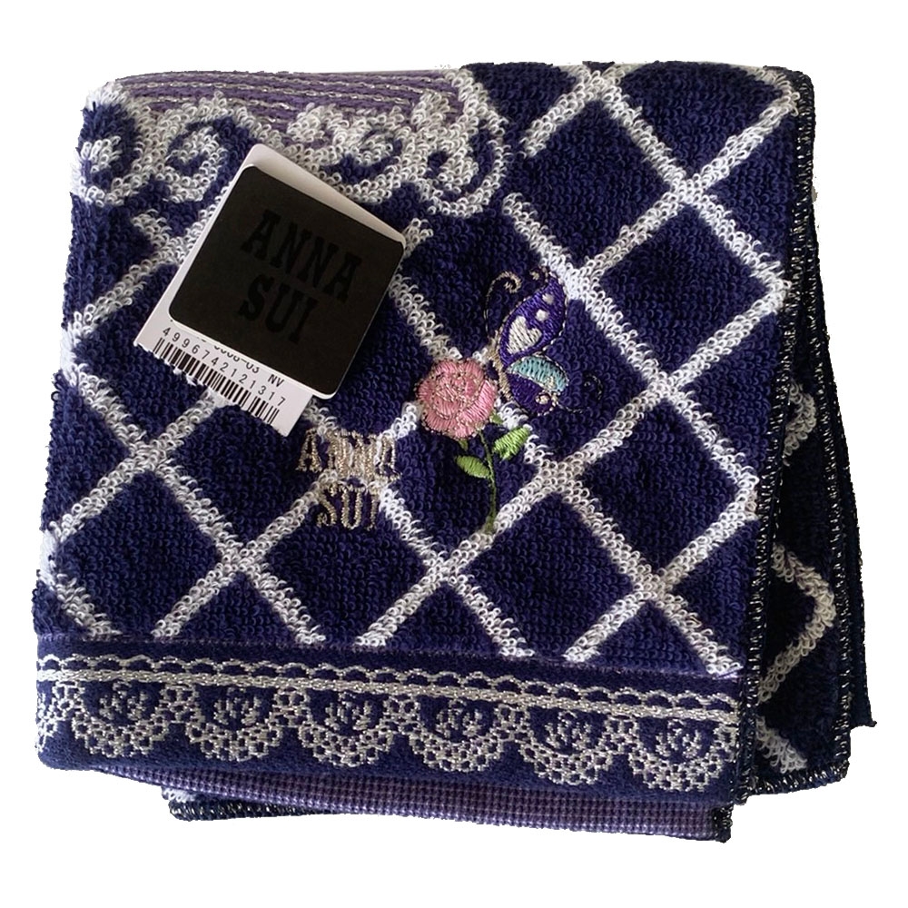 ANNA SUI 品牌大字母圖騰菱格紋字母彩蝶玫瑰LOGO刺繡小方巾(藍色系)