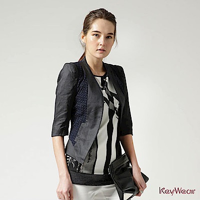 KeyWear奇威名品     100%苧麻時尚拼接七分袖外套-藍黑色