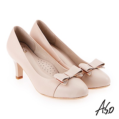 A.S.O 雅緻魅力 職場通勤優雅蝴蝶結高跟鞋 卡其
