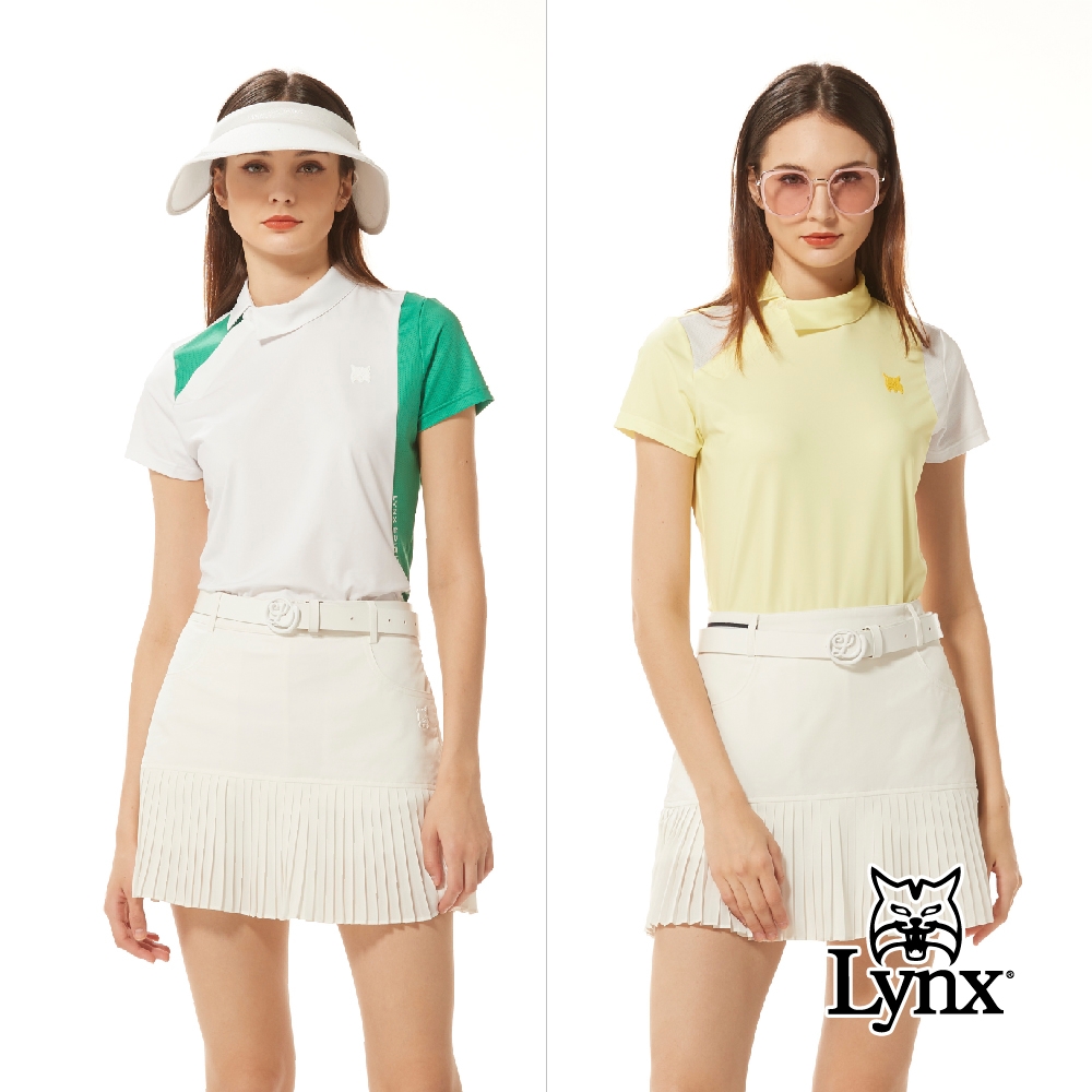 【Lynx Golf】首爾高桿風格！女款合身版吸溼排汗側邊配布剪裁左肩織帶造型短袖POLO衫/高爾夫球衫(二色)