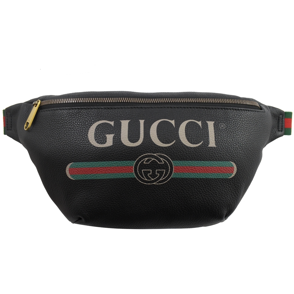 GUCCI 復古風格的圖案小牛皮織帶腰包/斜背包 90CM(大款-黑)