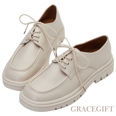 【Grace Gift】簡約方頭鬆糕牛津鞋 米白
