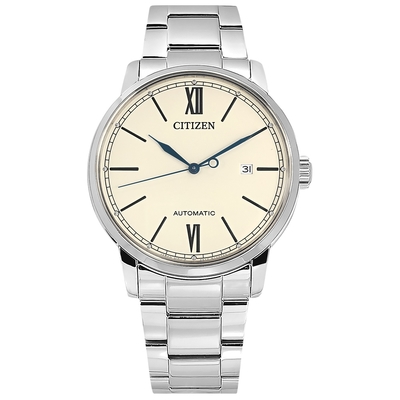 CITIZEN / 簡約時尚 機械錶 自動上鍊 日期 不鏽鋼手錶-米白色/42mm