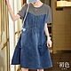 初色 圓領條紋拼接假兩件連身牛仔連身裙短袖洋裝-藍色-68774(M-2XL可選) product thumbnail 1