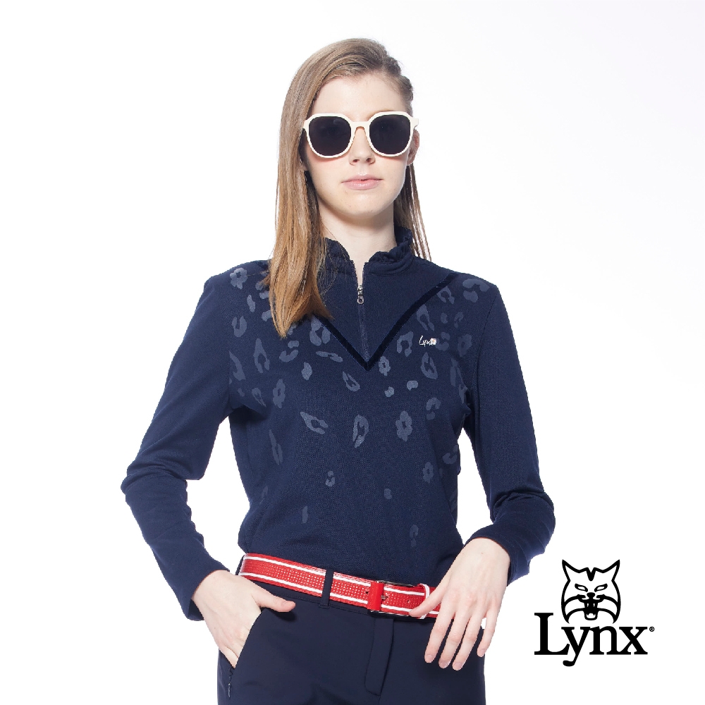 【Lynx Golf】korea女款小花圖樣造型縫線花領立領長袖POLO衫/高爾夫球衫-深藍色