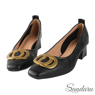 山打努SANDARU-跟鞋 方頭金屬釦飾壓紋中跟鞋-黑