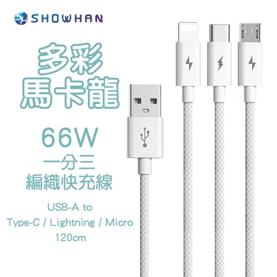 SHOWHAN 66W快充 馬卡龍編織 USB-A to 一分三充電線1.2M