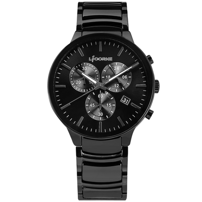 LICORNE 力抗 / 三眼計時 都會時尚 藍寶石水晶玻璃 日期 陶瓷不鏽鋼手錶-黑色/42mm