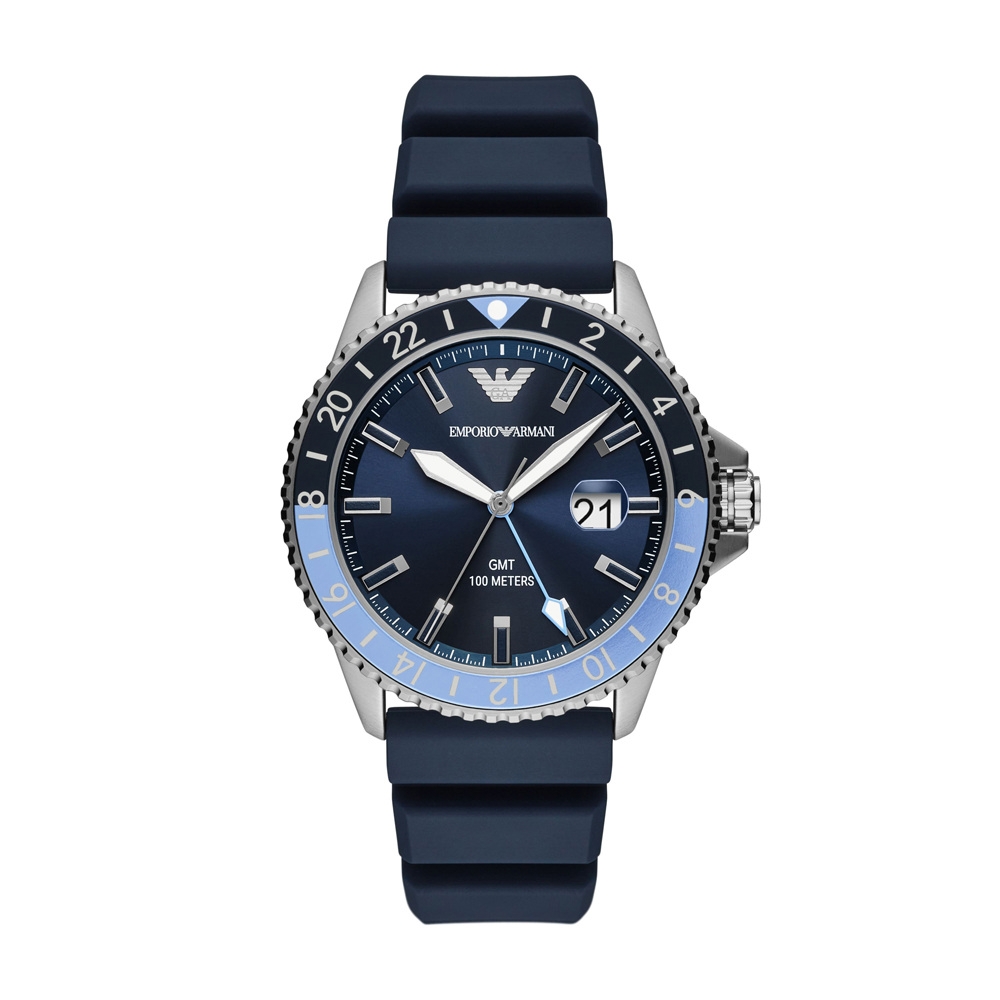EMPORIO ARMANI 機密特務GMT時尚腕錶-銀X藍-AR11592-42mm