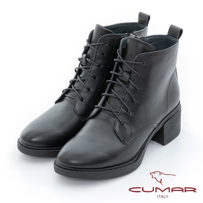 【CUMAR】素色粗跟綁帶率性短靴-黑