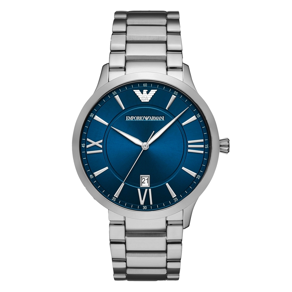 EMPORIO ARMANI 奢華質感時尚日期腕錶-銀X藍(AR11227)/44mm