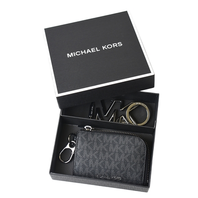 MICHAEL KORS 男款 緹花LOGO防刮L型拉鍊零錢包/鑰匙圈禮盒-黑色