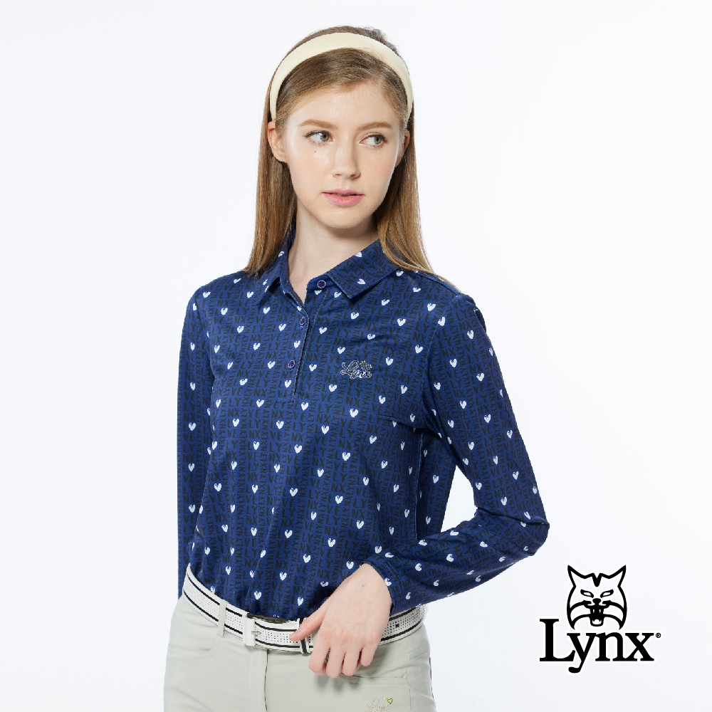 【Lynx Golf】女款吸濕排汗滿版Lynxy字樣愛心印花長袖POLO衫-深藍色