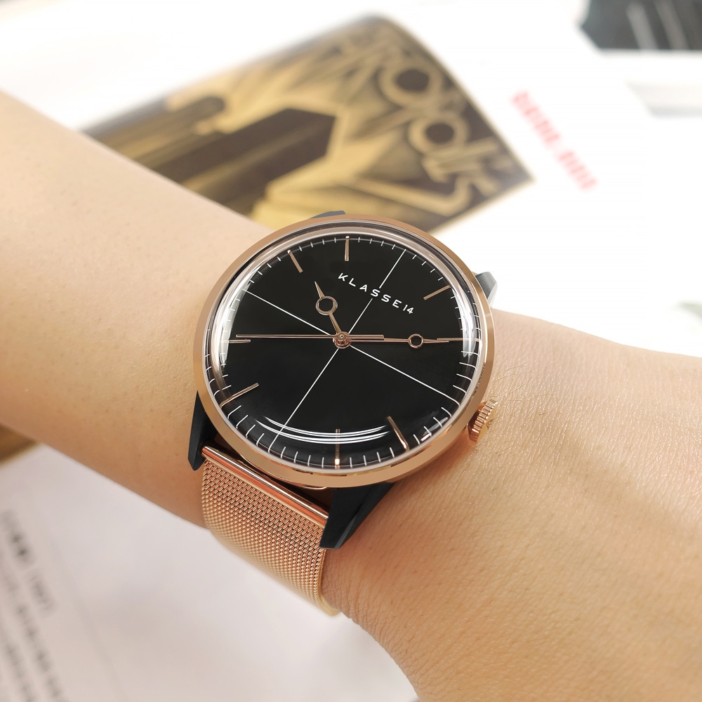 KLASSE14 贈錶帶 / 幽浮系列 弧型鏡面 米蘭編織不鏽鋼手錶 禮盒組-黑x鍍玫瑰金/40mm