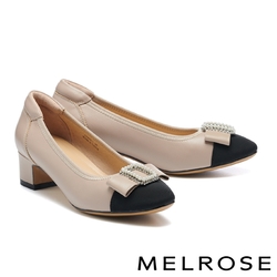 高跟鞋 MELROSE 典雅珍珠晶鑽蝴蝶結異材質拼接高跟鞋－米
