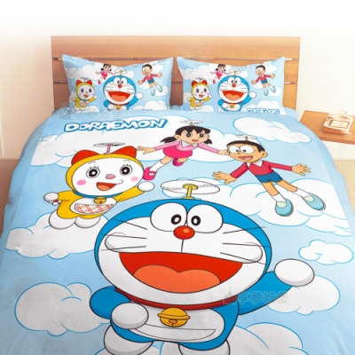 享夢城堡 雙人加大床包薄被套四件組-哆啦A夢DORAEMON 飛向天空-藍