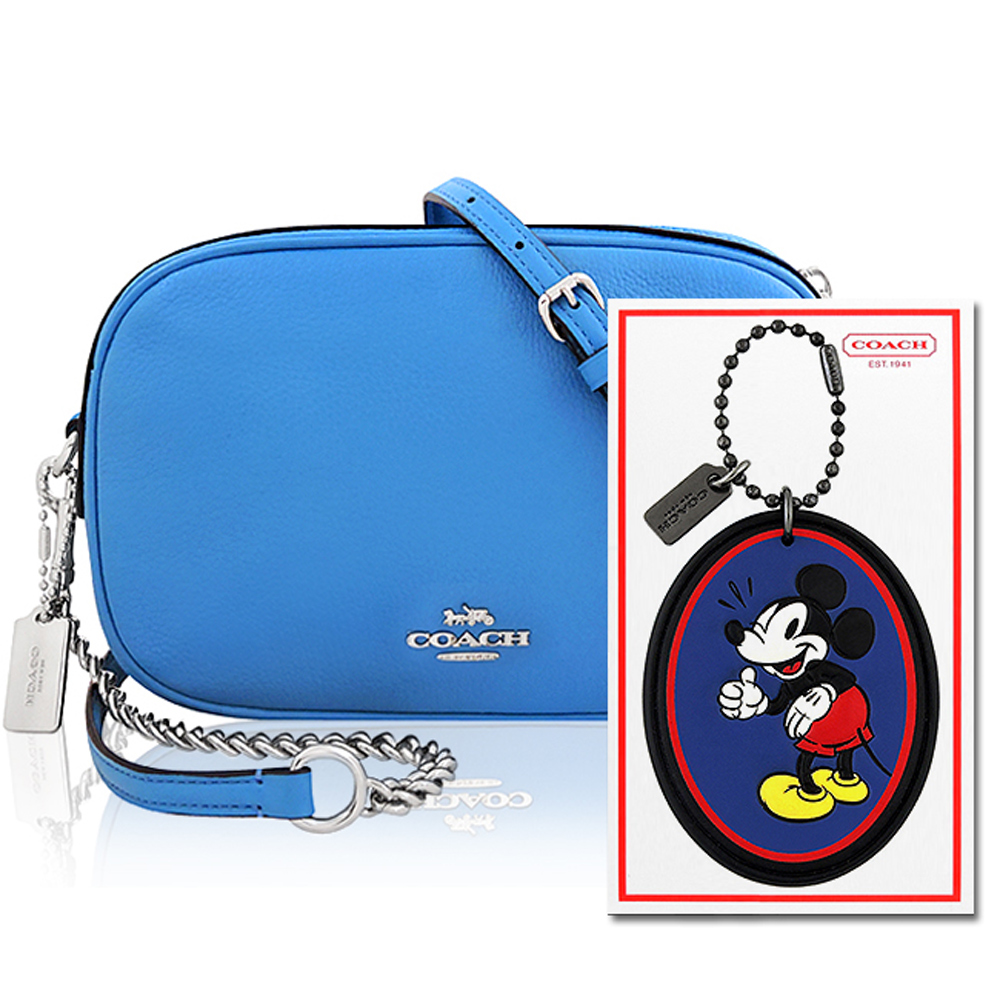 COACH 水藍色荔枝紋皮革鍊帶斜背包+COACH Disney藍色MICKEY造型吊飾