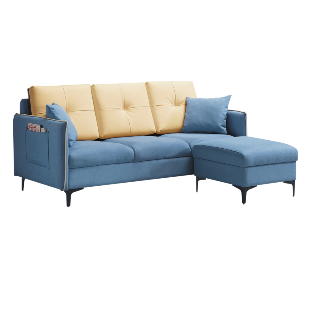 【文創集】凱倫 時尚雙色棉麻布小L型沙發組合(三人座＋椅凳)-183x145x78cm免組