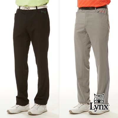 【Lynx Golf】男款彈性舒適材質口袋山貓印花兩側配布剪裁造型後腰網布剪接平口休閒長褲(二色)