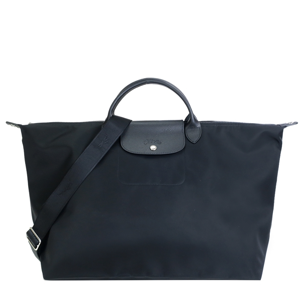 LONGCHAMP LE PLIAGE NÉO系列新款厚尼龍奔馬織紋寬背帶短把兩用旅行袋(大/黑)